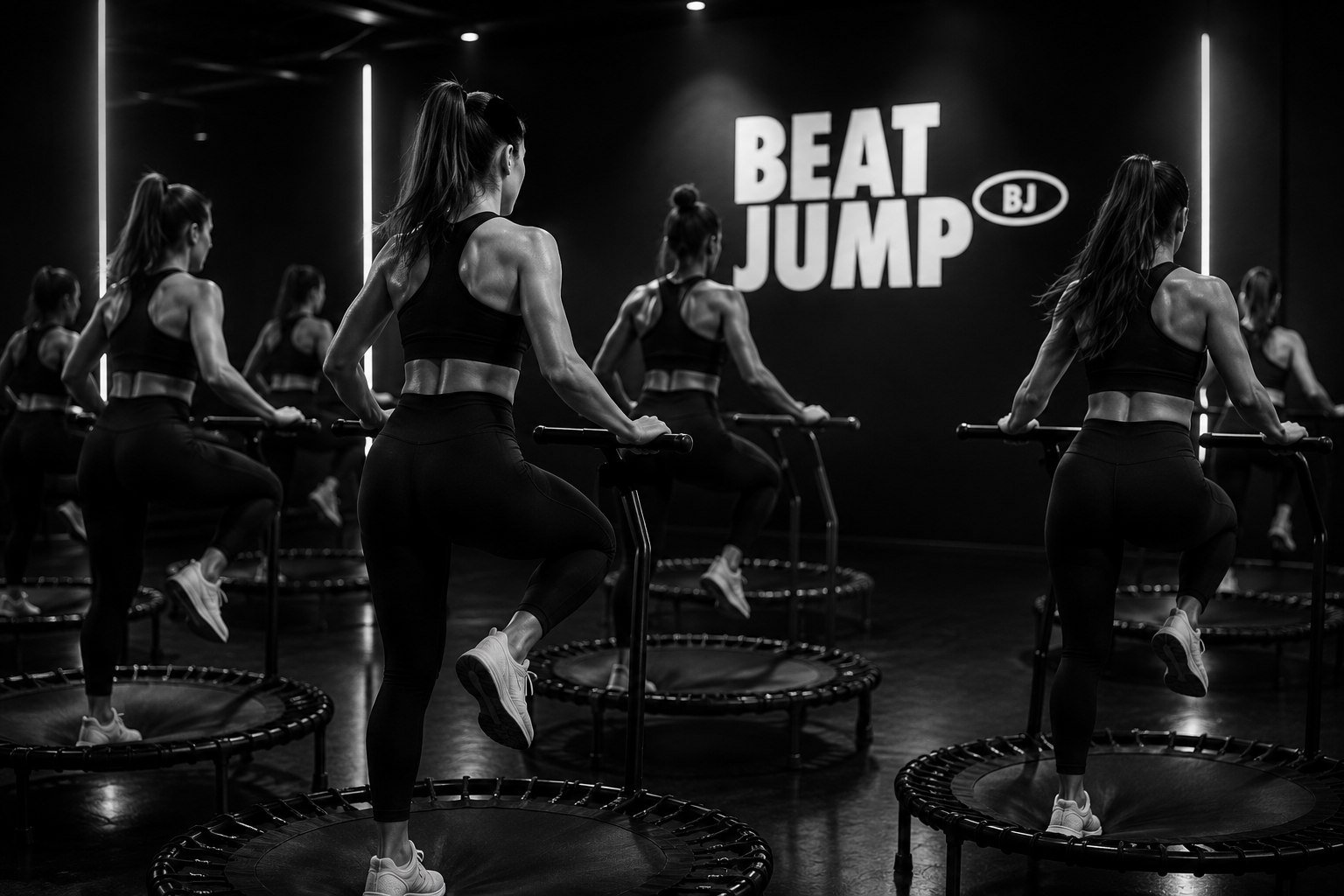 Clase de Beat Jump en el estudio, saltando en los minitrampolines